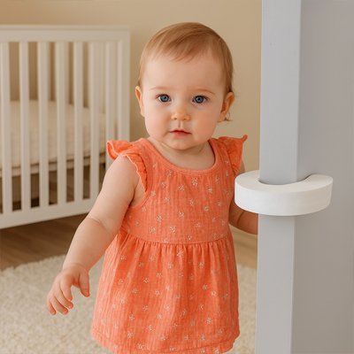 bébé fille prêt d'une porte avec un bloque porte pour bébé 
