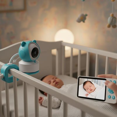 bébé dort avec un babyphone bleue