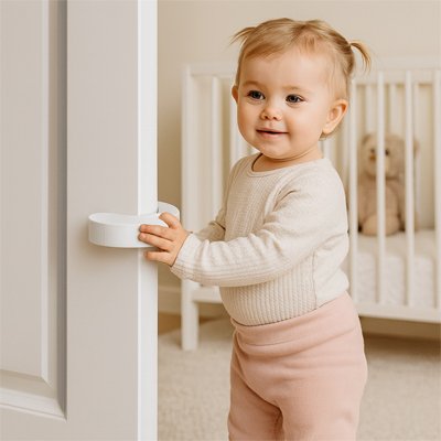 petite fille tient la porte avec bloque porte pour bébé 
