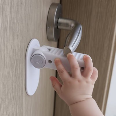 une petite main touche la porte mais il y a un bloque porte pour bébé 